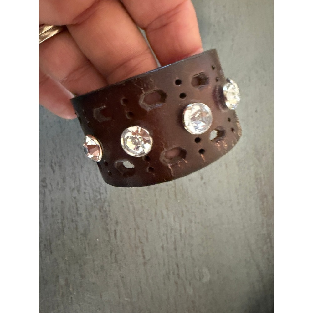 Brown Leather Cuff Bracelet with Large Crystals Cutout Boho Western Statement